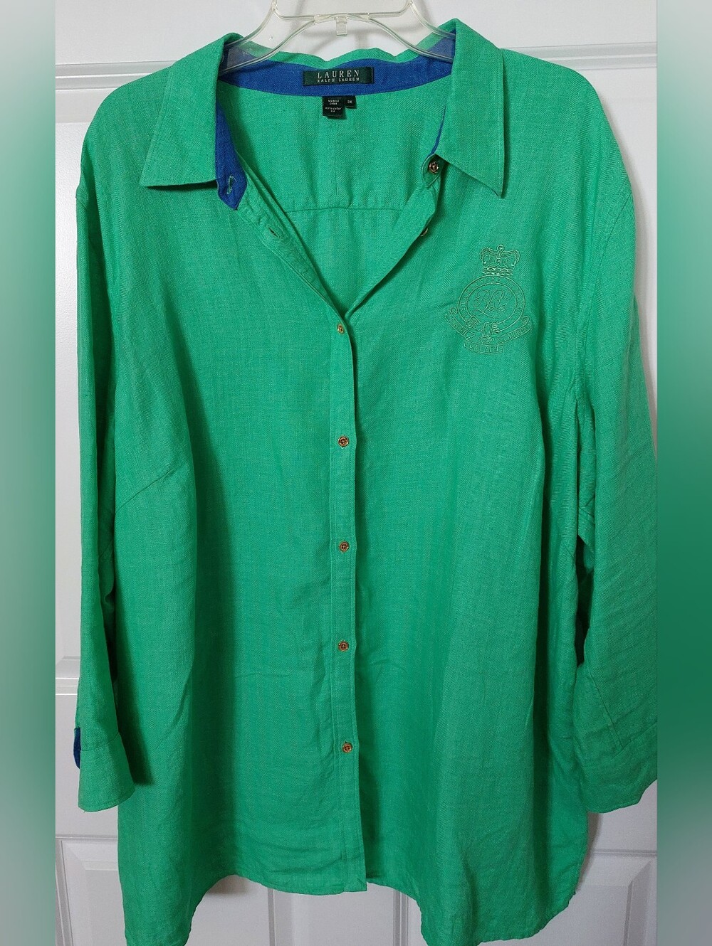 100% Linen Lauren Ralph Lauren Bright Green Button-Down Shirt with Contrast